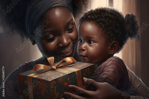 A young, small black african american girl getting a gift for ber birthday from her loving proud black mother, love and affection between mum and daughter