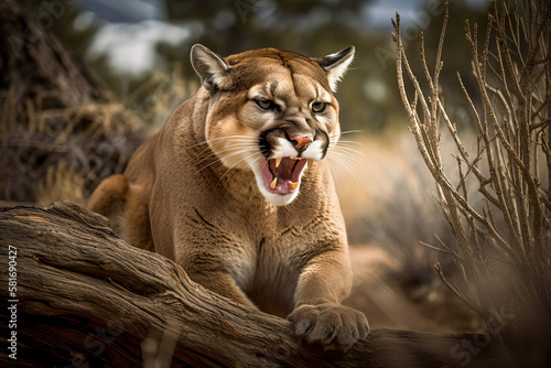 Puma cougar angry Snarling. Dangerous predator in natural habitat. Wildlife scene. Digital ai art 