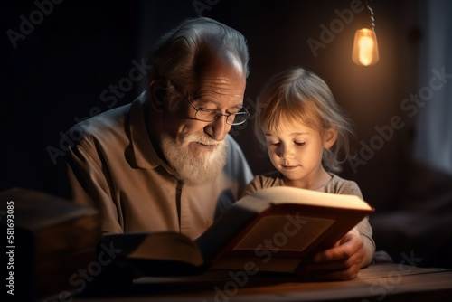 Großvater liest einem kleinen Mädchen abends eine Geschichte aus einem Buch vor. KI generierter Inhalt.