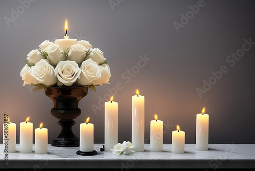 Bouquet of plucked rose flowers on black marble background and candles. Mourning, condolence and sorrow concept Generative AI