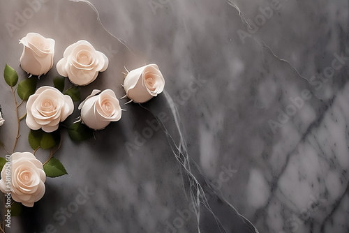 Bouquet of plucked rose flowers on black marble background. Mourning, condolence and sorrow concept Generative AI