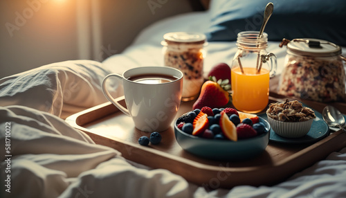Cozy morning breakfast in bed on a tray. Orange juice, fruits and other tasty food. Indoor background. AI generative image.