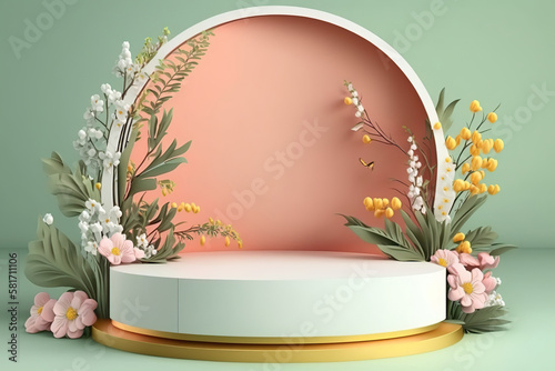 Beautiful abstract springtime minimal podium display. Horizontal background bright colors. AI generative image.