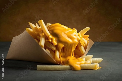 Poured or pulled cheddar cheese from the top French Fries Fried in the Deep. Generative AI