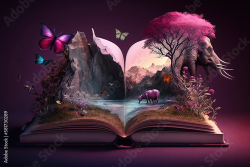 Flying Open book with splashing magic nature world with animals, fairytale, storytelling concept, World book Day, Encyclopedia of wild animals, Fantasy and literature AI Generative