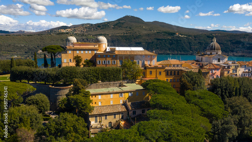 Aerial view of the Papal Palace of Castel Gandolfo, near Rome, Italy. The Apostolic Palace is a complex of buildings served for centuries as a summer residence for the Pope. It overlooks Lake Albano. 