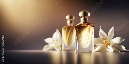 Warm and sensual fragrance perfume bottles. Art composition still life. Stylish parfumerie banner. Generative AI.