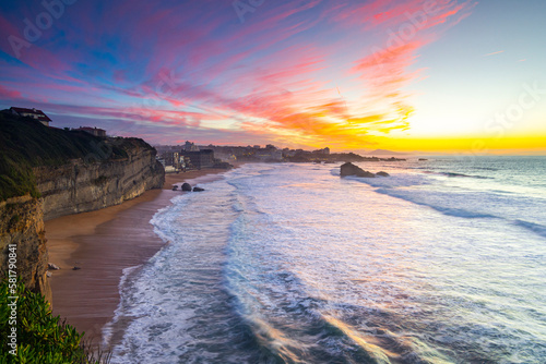 Landscape view across La Grande Plage at sunset - Biarritz, France