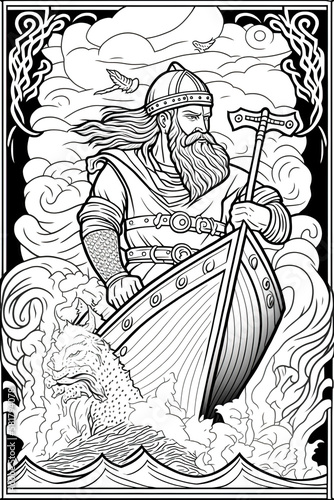 A colouring book page: Viking warrior, Norse mythology, Vikings created with Generative AI technology