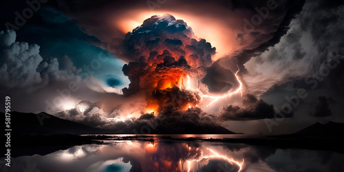 3D eruption volcano terrible deasuster nature. Mountain dark clouds ash sky. Red light outdoor smoke dangerous environment rendering illustration background