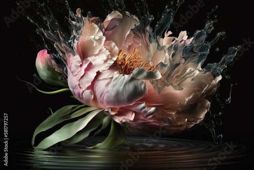  a large pink flower with water splashing on it's petals. generative ai