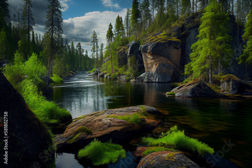 Mountain river runs along a beautiful landscape. AI Generated