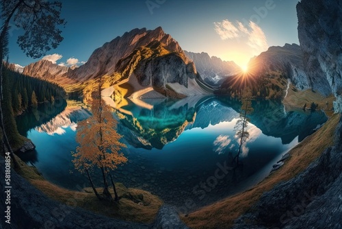 dawn panorama of Urisee lake. Amazing Austrian Alps fall scene. European country of Austria in the open. Background of the natural world's beauty. Generative AI