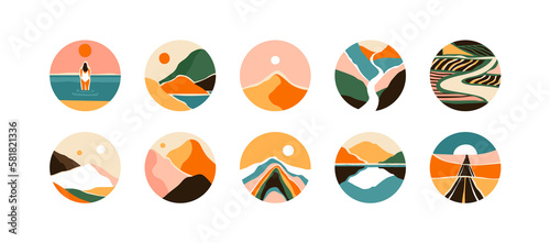 Set of abstract mountain landscape circle icon collection. Trendy flat collage art style dots of diverse travel scenery for social media story highlight. Nature environment biomes, multicolor hills. 