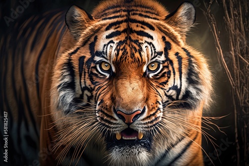Dangerous Big Cat: Aggressive Tiger Closeup in Wild Nature Habitat: Generative AI