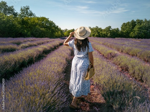 Rear view of a woman in a sundress and hat standing in middle of a lavender field