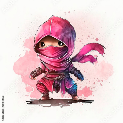 A watercolor illustration of a cute pink ninja for kids