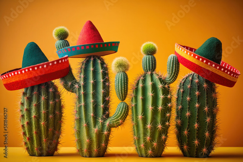 Cactus wearing a mexican sombrero hat. Cinco de mayo celebration background. Generative ai