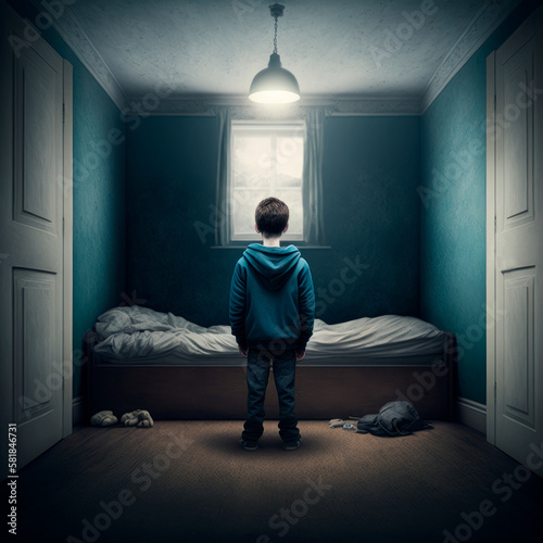 Sad and bored child locked in his room unable to go out. Generative ai Child abuse concept, absent parents, loneliness...