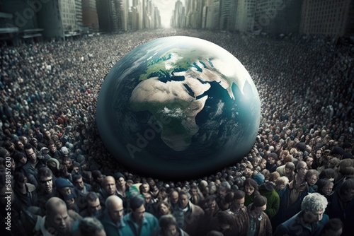 bleak reality of Earth's overpopulation with crowded cities, polluted skies, and lack of resources. A warning of the urgent need for sustainable living. Generative AI