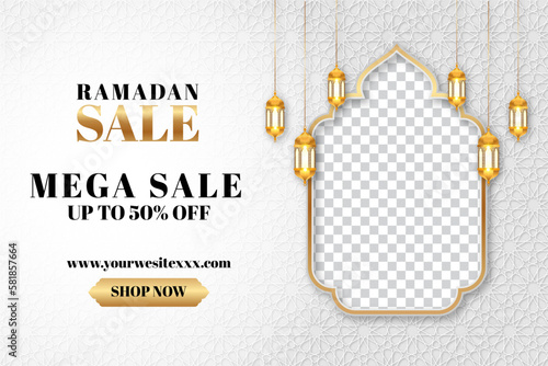 Ramadan Kareem Sale Banner Islamic Ornament Lantern Background, Ramadan sale social media post with empty space for photo