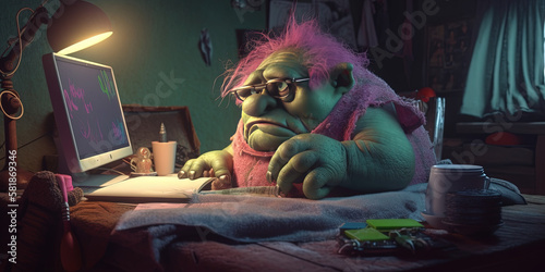 Online troll sitting at a computer in a dark, dingy, unkempt bedroom