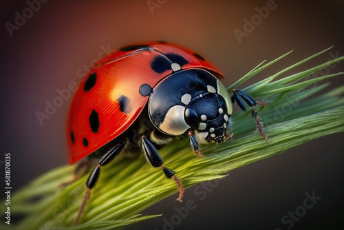 Macro shot of a ladybug crawling on a blade of grass with the vibrant red and black colors of the insect, concept of Symmetry and Contrast, created with Generative AI technology