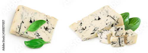 Blue cheese gorgonzola isolated on white background with full depth of field. Top view. Flat lay.