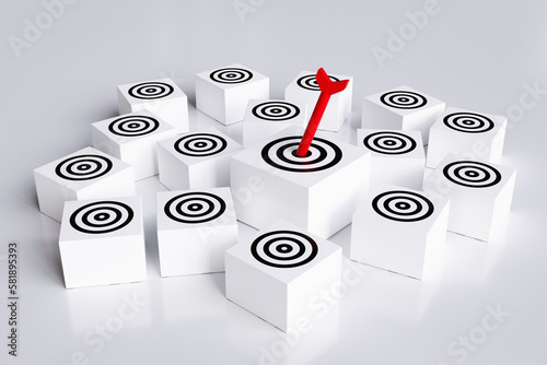 Arrows hit target on square block board with multiple targets. concept of business symbol target audience, selecting a target audience for business success, and achievement of objectives. 3D rendering