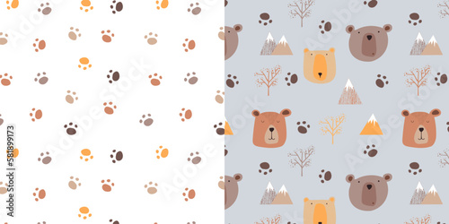 Children's card and seamless pattern. Children's pattern with cute teddy bears. Faces of bears