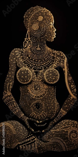 Dot matrix of fertility goddess silhouette with intricate tribal patterns Generative AI