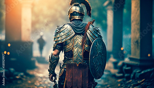 Roman legionnaire stands with his back gladiator, generative AI