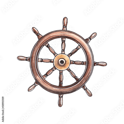 Helm isolated on a white background. Wooden marine steering wheel. Watercolor hand drawn illustration for clipart. Can be used for postcards, invitations, prints.