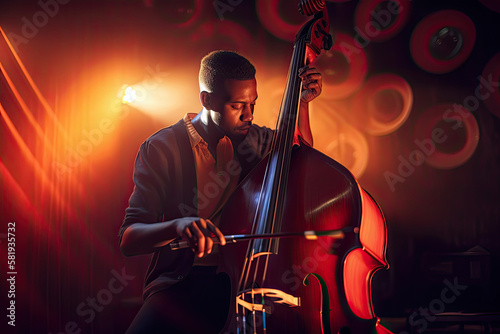 Generative AI Illustration of a black double bass player playing his double bass during a live performance at a concert illuminated by colored lights on stage