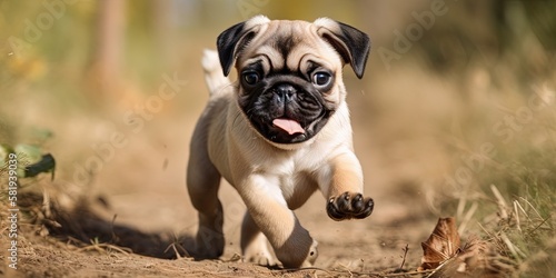 Adorable pug puppy frolicking outdoors