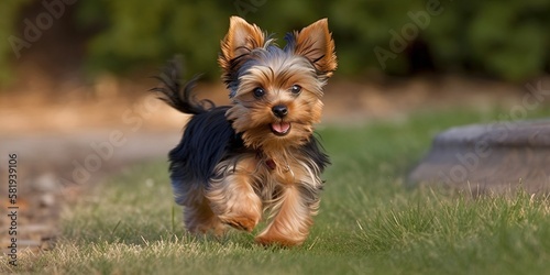 Adorable Yorkshire Terrier puppy frolicking outdoors