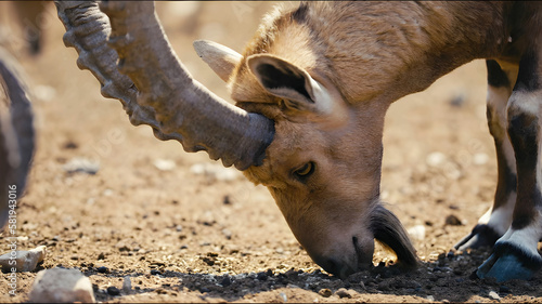 Wild goat meal close-up nature big horns ungulates