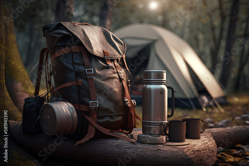 Backpack and camping supplies in front of a tent in the woods generative ai