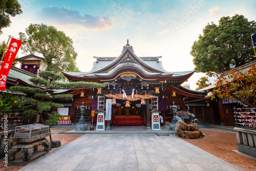 Fukuoka, Japan - Nov 20 2022: Kushida shrine in Hakata ward, founded in 757, the shrine dedicated to Amaterasu the goddess of the sun and Susanoo god of seas and storms, thunder and lightning