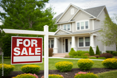 House for sale. A stunning real estate photograph of a suburban home with a "for-sale" sign in the yard, indicating that the property has already been sold. 