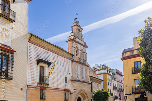 Facade of the Church of Santa Maria la Blanca in old city center of Seville, Andalusia, Spain. Text HAC EST DOMUS DEI ET PORTA COELI 1741 means THIS IS THE HOUSE OF GOD AND THE GATE OF HEAVEN 1741
