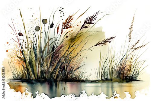 Rustling Grasses Reeds Watercolors Isolated On White Background - Generative AI