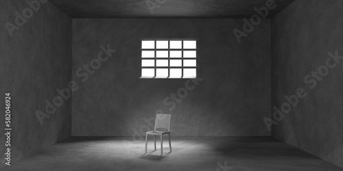 Dark prison cell with chair, barred window and sunlight on floor 3d render. Interior empty jail room, cage for criminals and prisoners. Interrogation room or torture chamber concept. 3D illustration