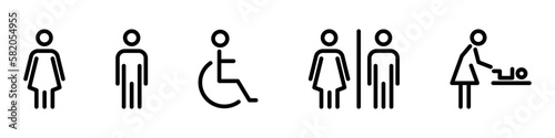 Vector toilet line icon set. Editable stroke. Bathroom for men, women, mothers with baby and handicap. Collection of restroom signs. Toilet for male, female, parents with child and disabled. WC.