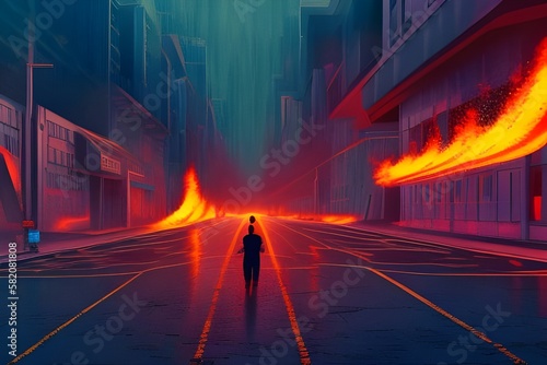 Post apokaliptyczne miasto, samotna postać na ulicy, ogień, opuszczone miasto, noc. Wygenerowane przy pomocy AI