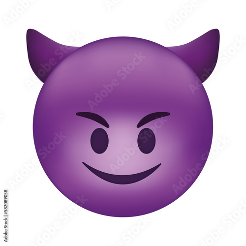 Evil devil emoji. Happy purple emoticon with devil horns