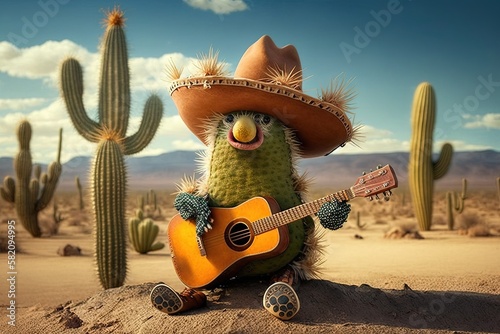 cactus wearing a sombrero and playing a guitar in the desert illustration generative ai