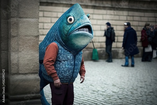 Man disguised with a fish costume for the april fool's day joke illustration generative ai