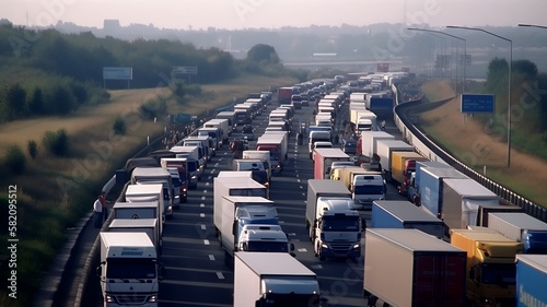 grève des chauffeurs routiers - des camions bloquent l'autoroute - generative ai 