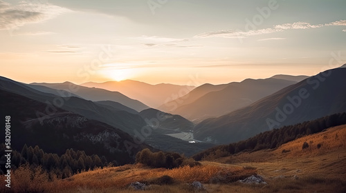 Mountain landscape at sunset, wide shot